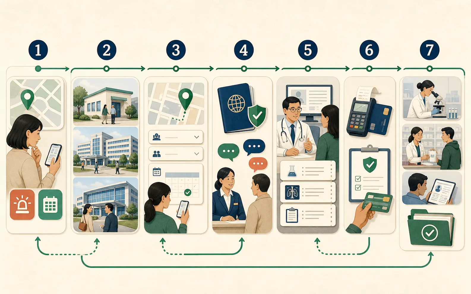 Editorial seven-stage route showing urgency, community and hospital choices, campus and appointment selection, passport registration and language support, consultation orders, payment and insurance, then tests, pharmacy, reports and follow-up.