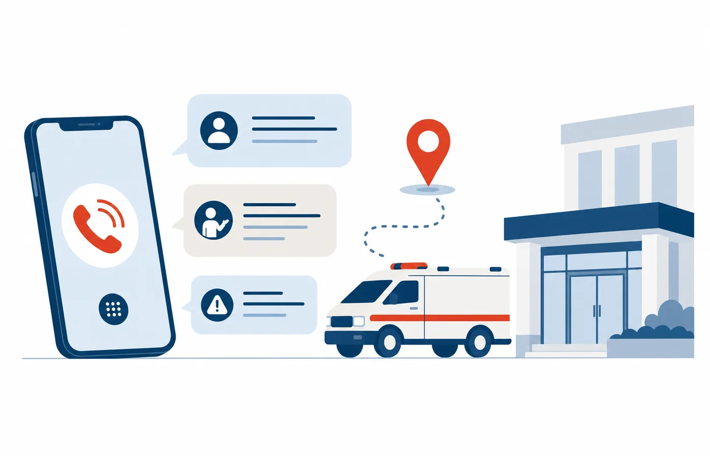 Editorial illustration of a 120 call, an ambulance route and a hospital entrance.