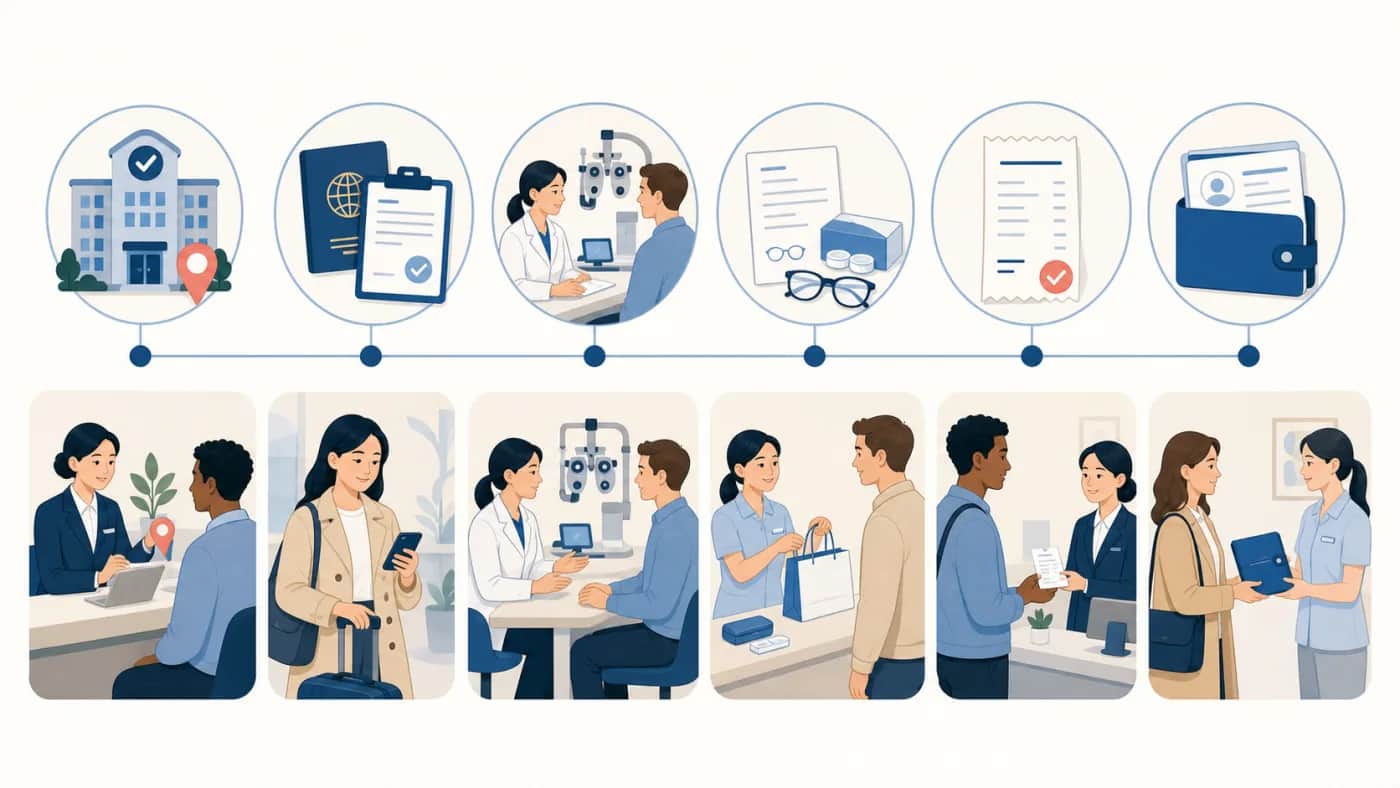 Editorial timeline showing an eye-care visit from registration and consultation to documents and follow-up.