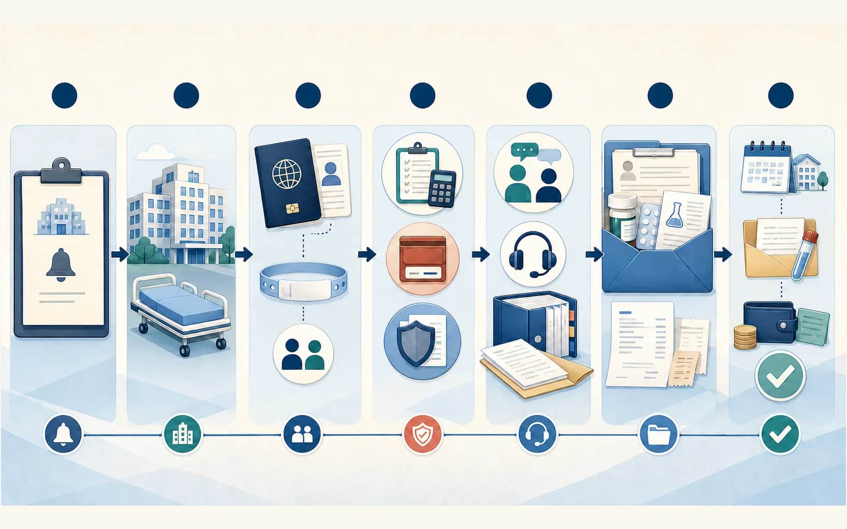 Editorial workflow showing admission confirmation, passport identity, authorized contacts, separate deposit and insurer records, language support, a discharge pack and follow-up settlement.