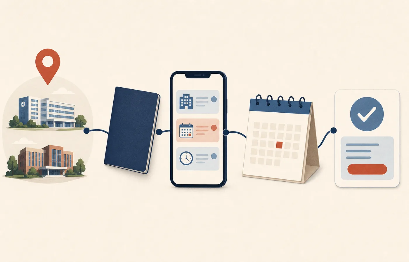 Editorial appointment route showing a patient choosing the exact hospital and campus, matching passport identity, using a provider-controlled mobile channel, selecting a date and saving a confirmed booking.