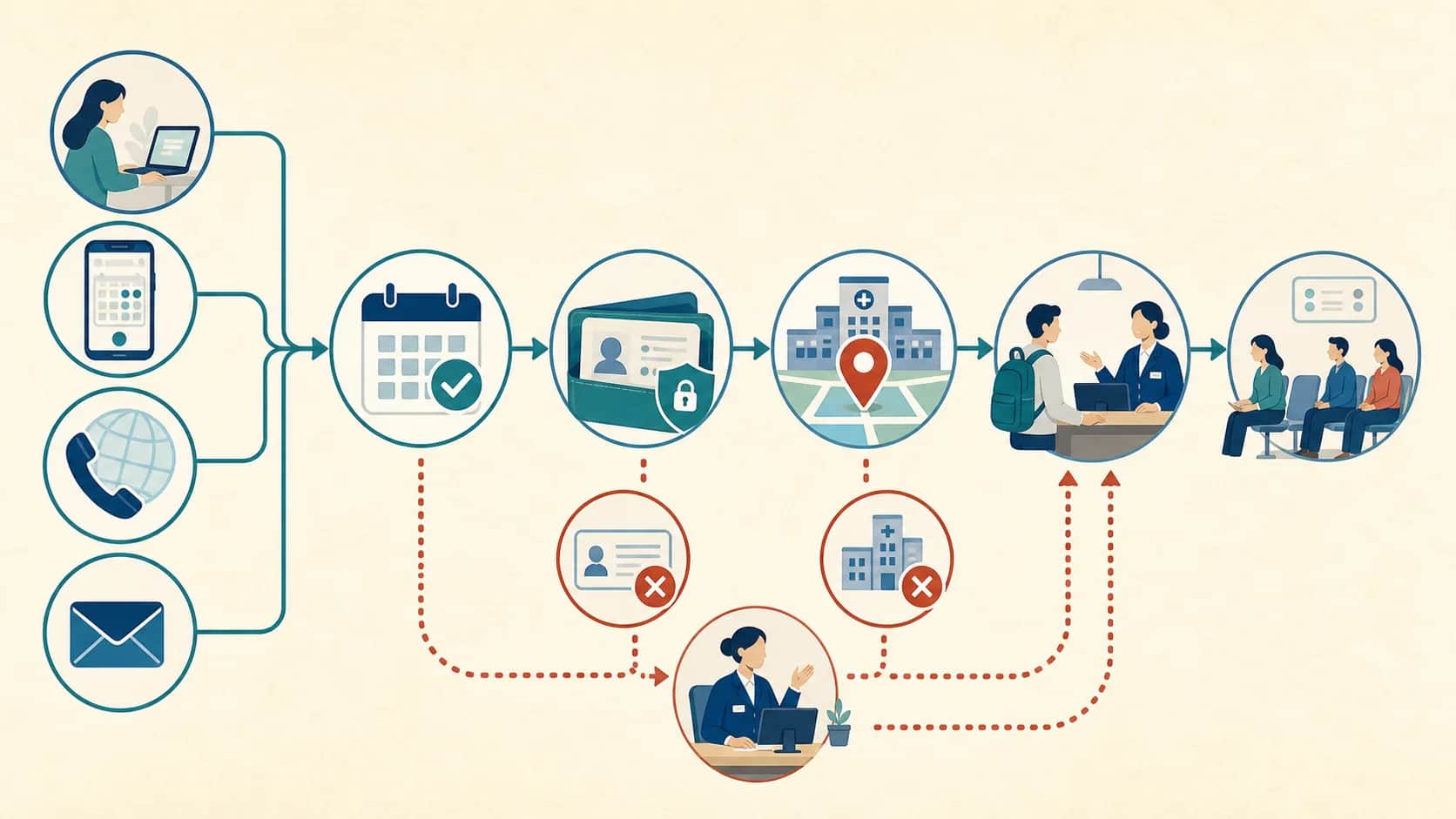 Editorial appointment handoff showing provider-controlled booking channels converging on a confirmed slot, a protected patient identity, exact hospital campus, staffed registration and the current waiting queue, with correction loops for document and campus mismatches.