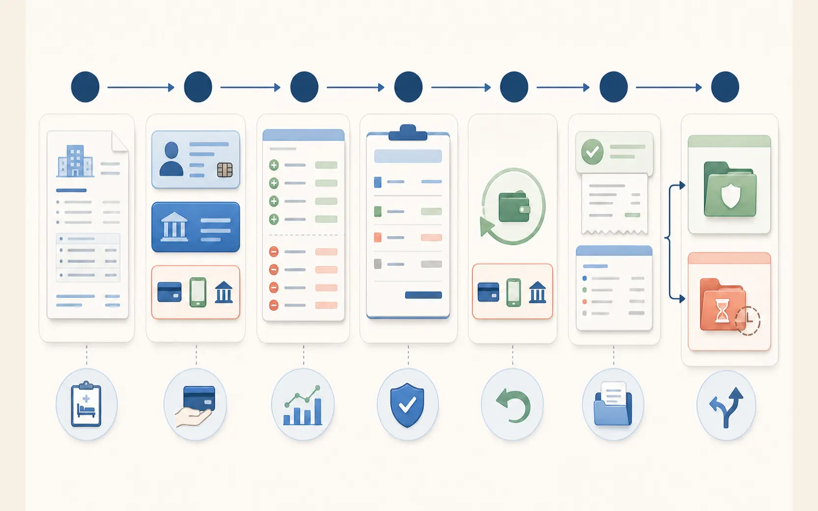 Editorial workflow showing a hospital estimate, patient and payer-linked deposit, separate top-ups and running charges, final settlement, refund route, updated financial records and insurance or delayed-refund handoffs.