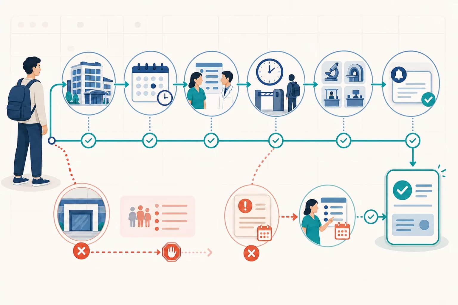Editorial route showing an international patient matching the exact hospital campus, calendar date, clinician session, registration and check-in cutoff, supporting services, latest notice and updated confirmation, while an open-building shortcut and changed session branch stop for correction.