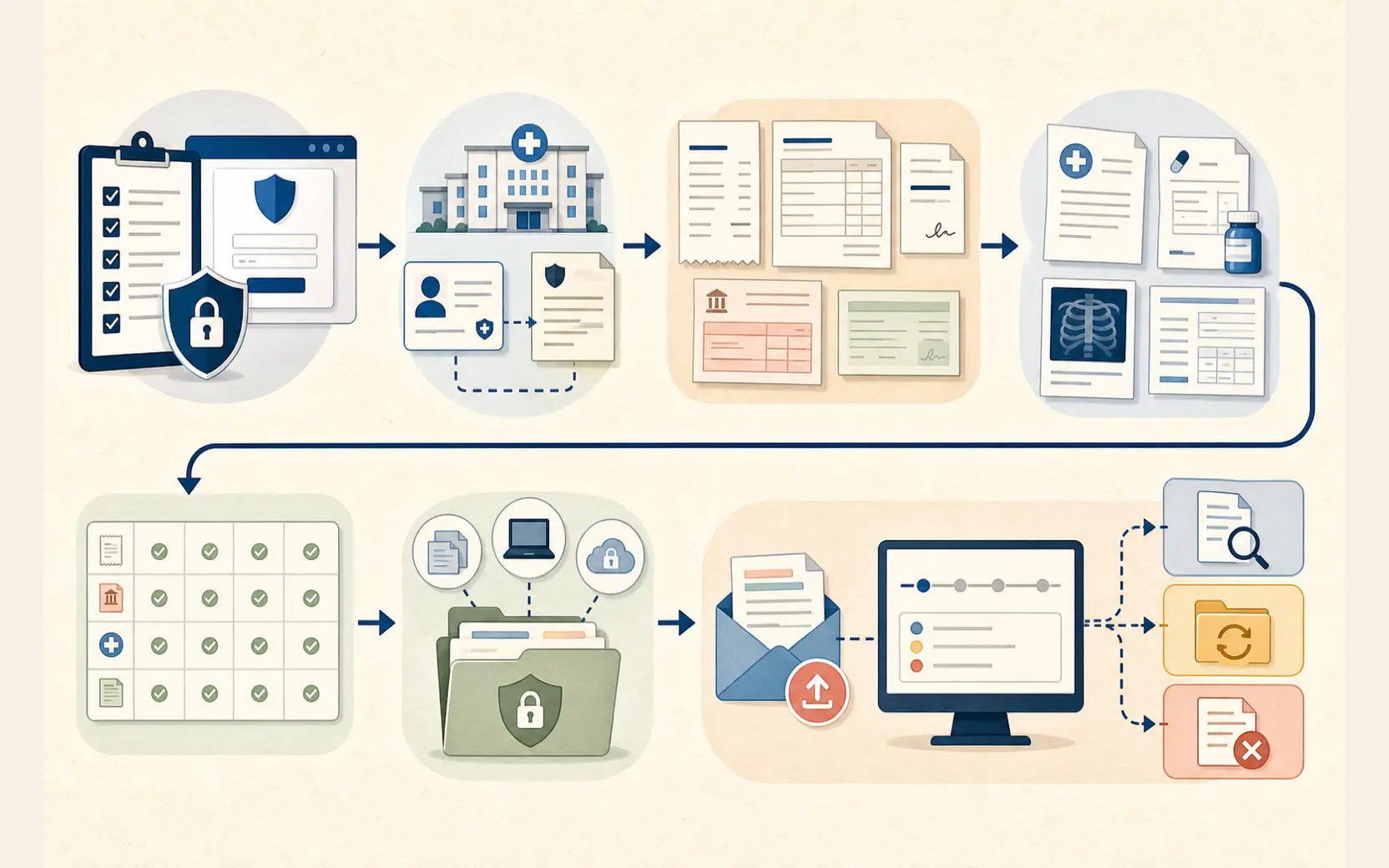 Editorial workflow showing an insurer checklist, patient and policy identity, separate financial and clinical records, cross-document checks, protected originals and copies, claim submission and follow-up branches.