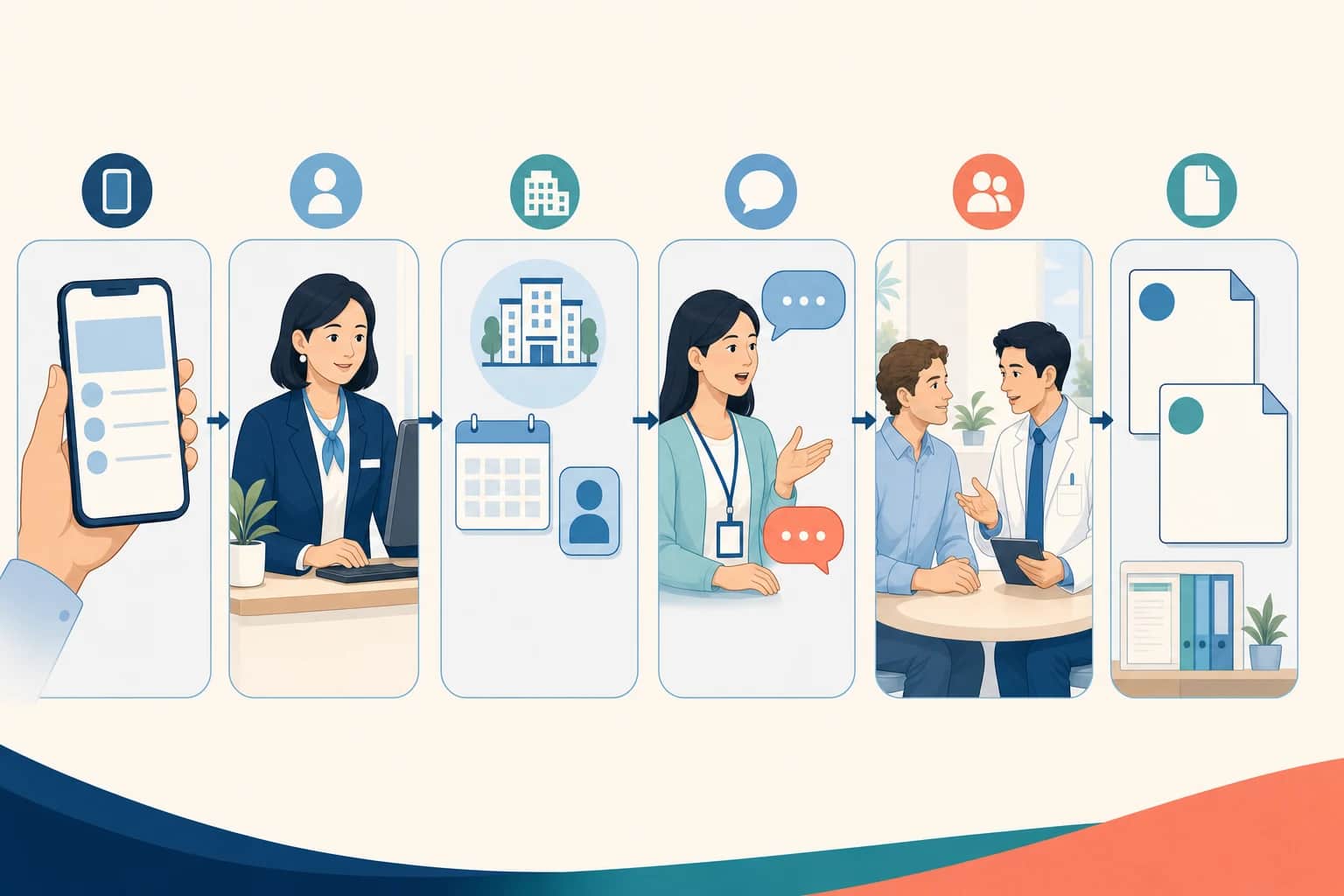 Editorial English-language hospital route showing provider research on a phone, patient-services coordination, a confirmed clinician appointment, professional interpretation, direct patient-clinician communication and separately managed translated records.