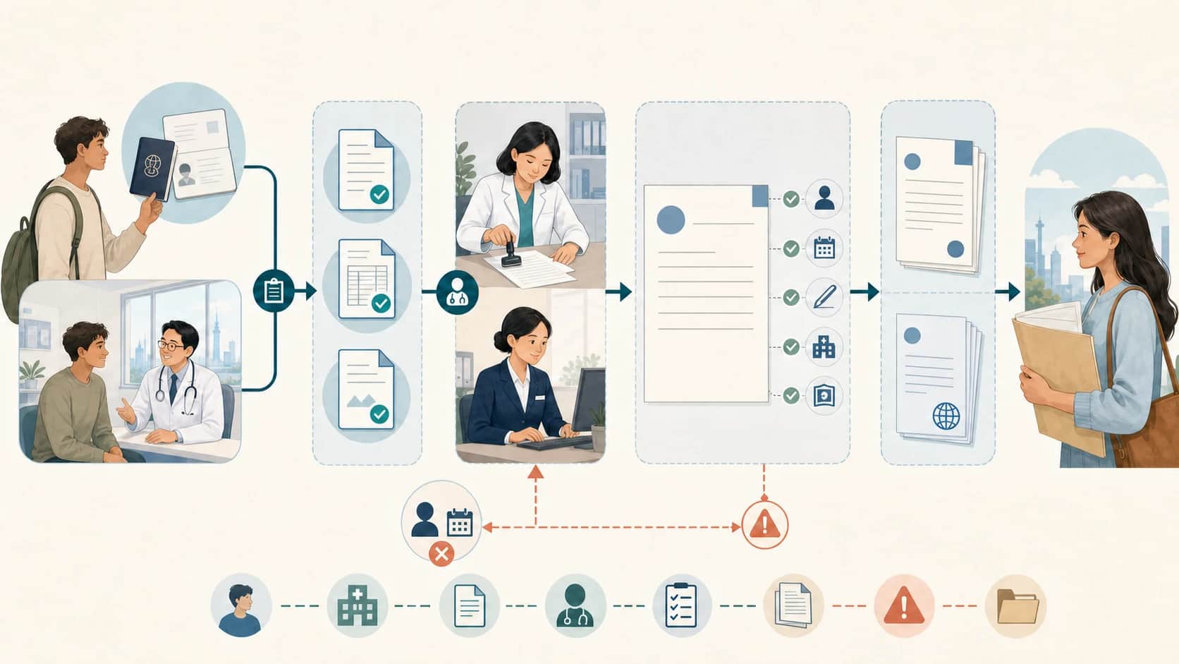 Editorial route showing an international patient matching passport identity to an actual hospital encounter, choosing a certificate type, using an authorized clinician and review desk, checking identity and date fields, keeping original and translated documents separate, and returning a mismatch to the issuing provider for correction.
