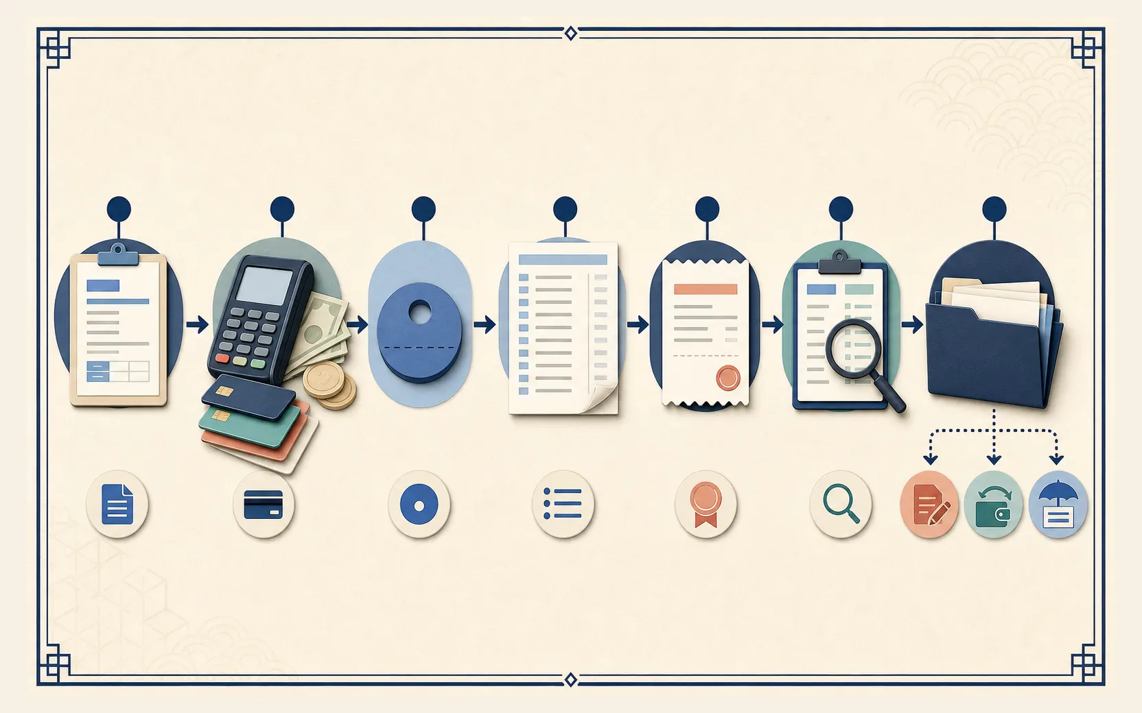 Editorial workflow showing a hospital order, payment terminal and backup methods, separate deposit, itemized statement, provider receipt, record check and correction, refund and insurance handoffs.