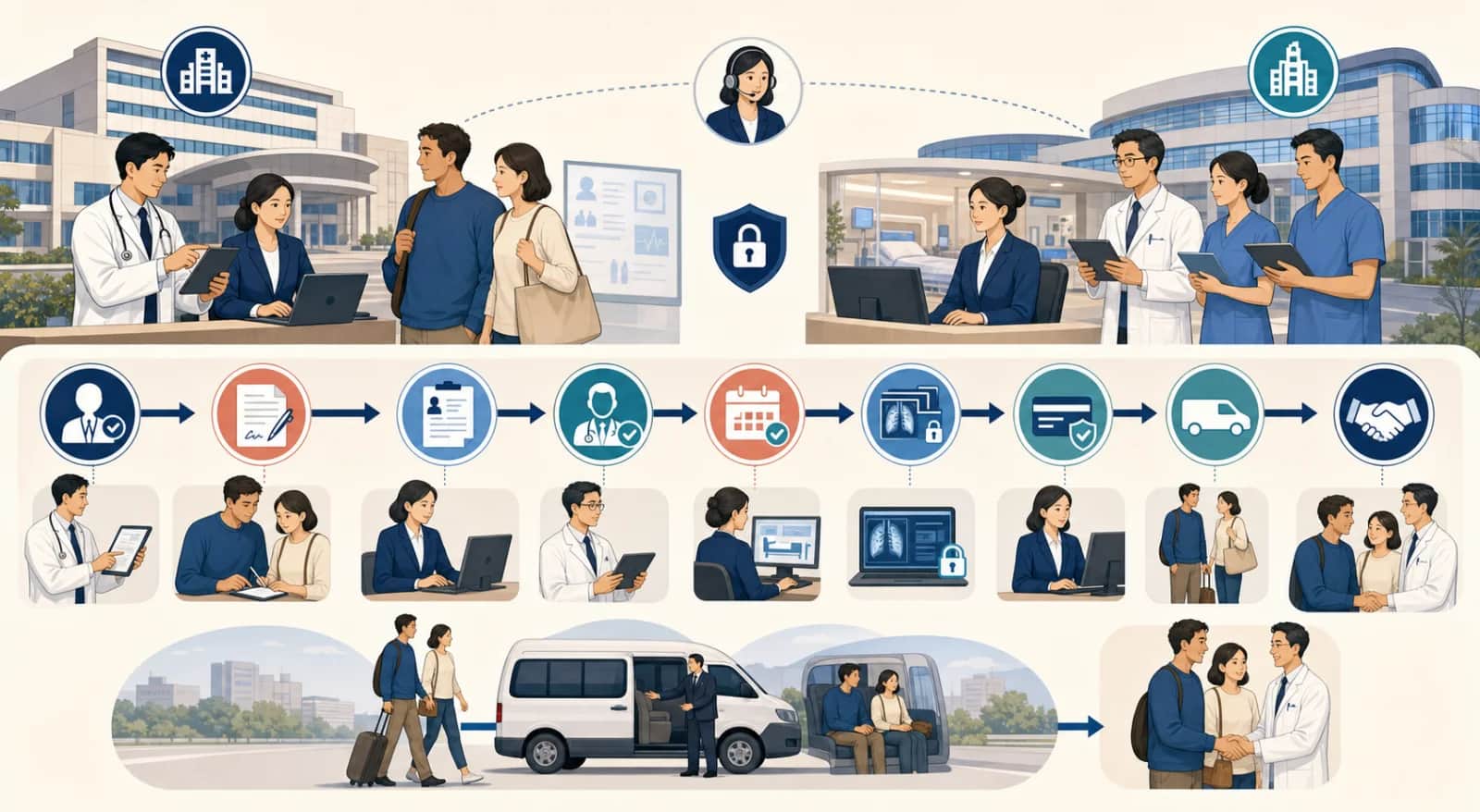 Editorial hospital referral and transfer workflow showing a sending clinician, patient consent, receiving-provider acceptance, a confirmed arrival date, secure medical-record and imaging handoff, payment confirmation, provider-directed transport and final responsibility transfer.