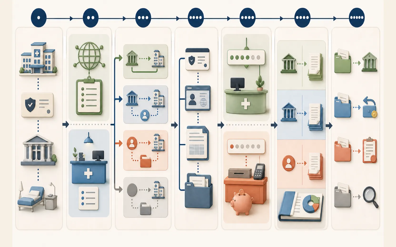 Editorial workflow showing matched patient, policy and hospital details, separate insurer-network and hospital-finance checks, direct, partial, self-pay and pending routes, visit payment, final allocation and separate follow-up cases.