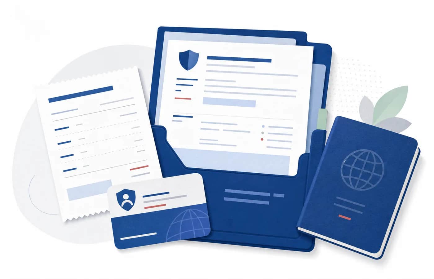 Editorial illustration of a passport, insurance card, policy documents and hospital paperwork.