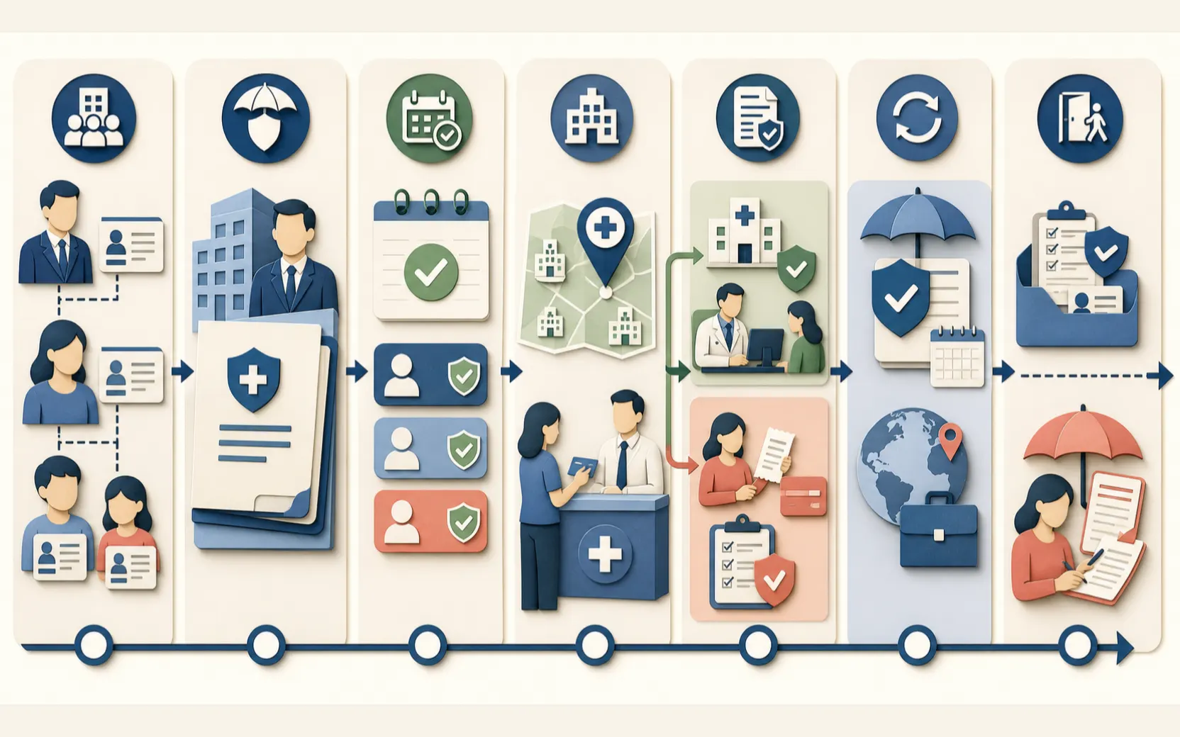 Editorial workflow showing an employer and insured family, insurer policy documents, active member dates, exact China hospital-network verification, authorization and reimbursement branches, renewal and relocation changes, and job-exit case handoff.