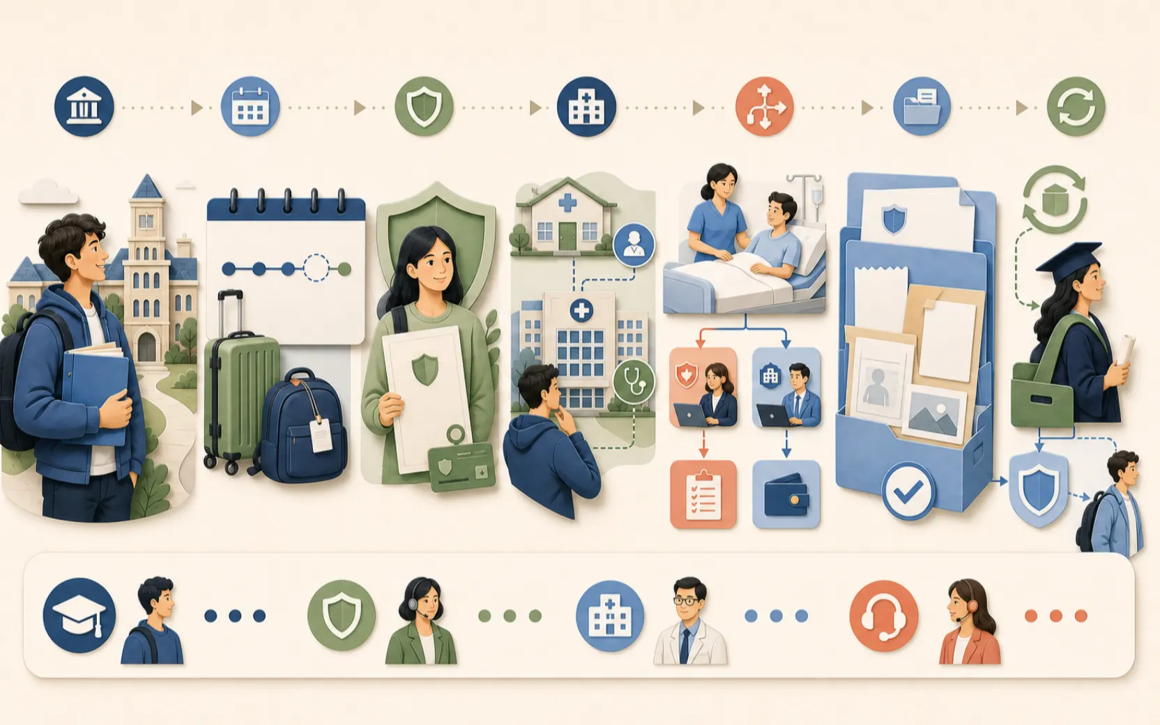 Editorial workflow showing an international student moving from university insurance requirements and an arrival coverage timeline to an issued member record, hospital route, separate inpatient-assistance and payment paths, a claim file, renewal and graduation handoff.