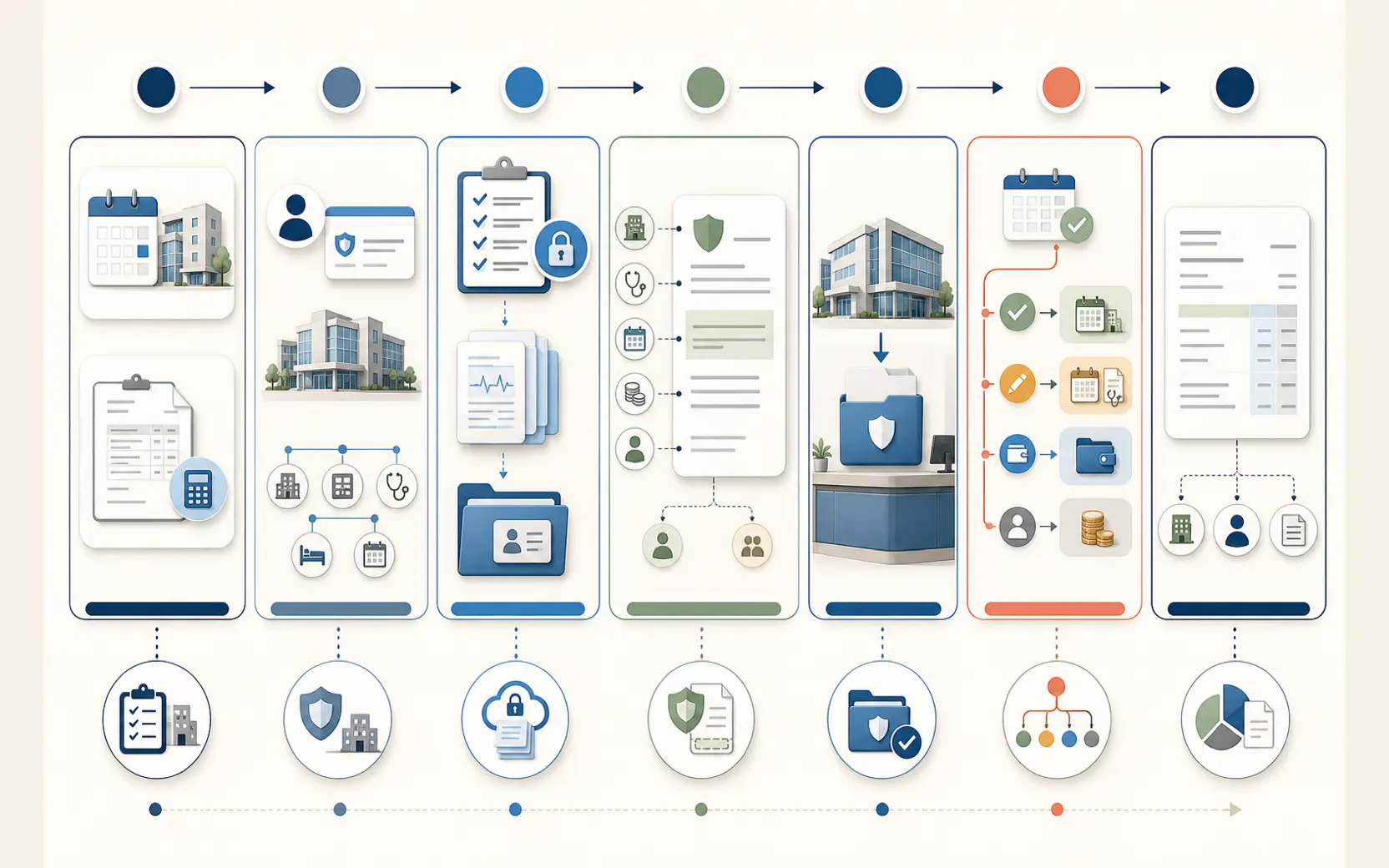 Editorial workflow showing a planned hospital encounter and estimate, matched patient and provider details, insurer review, a scoped GOP, hospital finance acceptance, check-in and amendment branches, and final bill settlement.