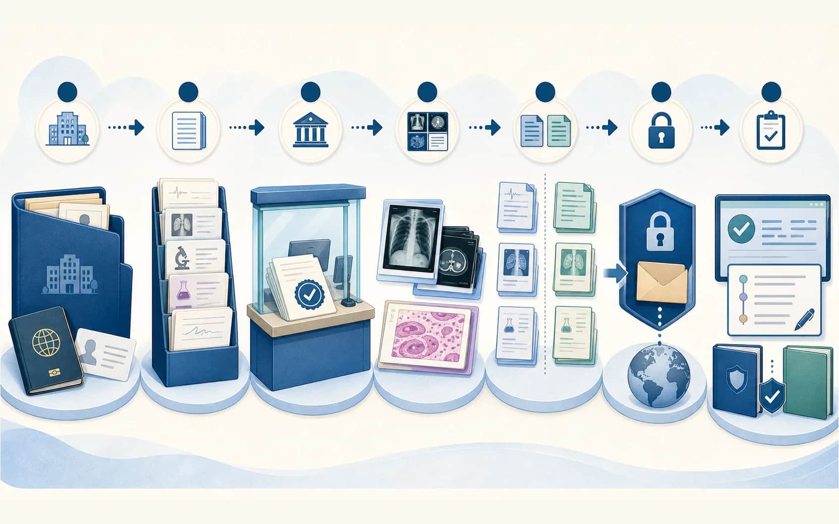 Editorial workflow showing a patient record inventory, official hospital copy request, separate reports and medical images, original and translated files, secure transfer and confirmed receipt.