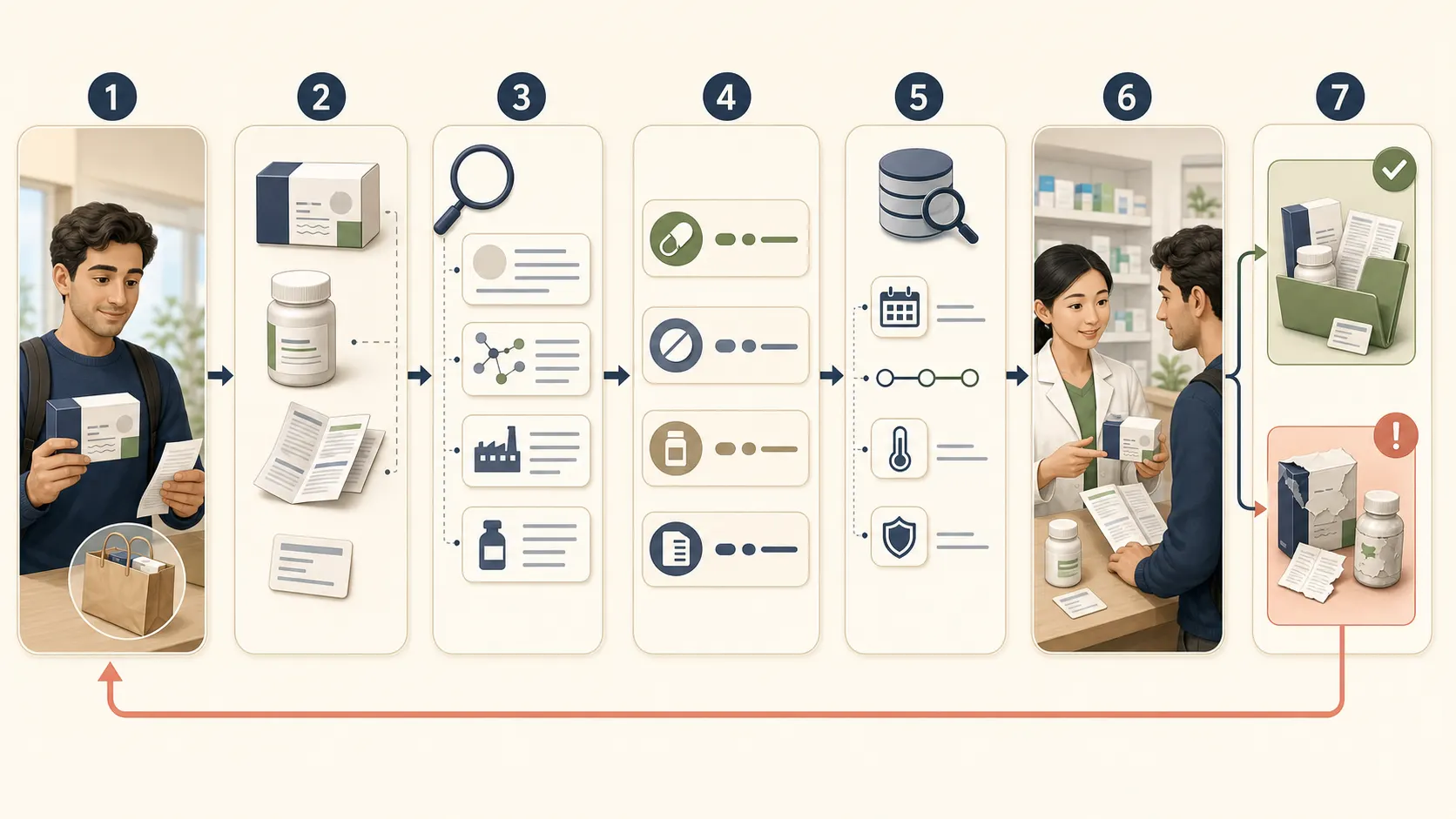 Editorial workflow showing an international resident preserving a medicine package and supply record, separating the outer box, inner container, insert and pharmacy label, mapping product fields, checking approval, batch, expiry, storage and seal details, asking a pharmacist for explanation, and preserving or returning a mismatch.