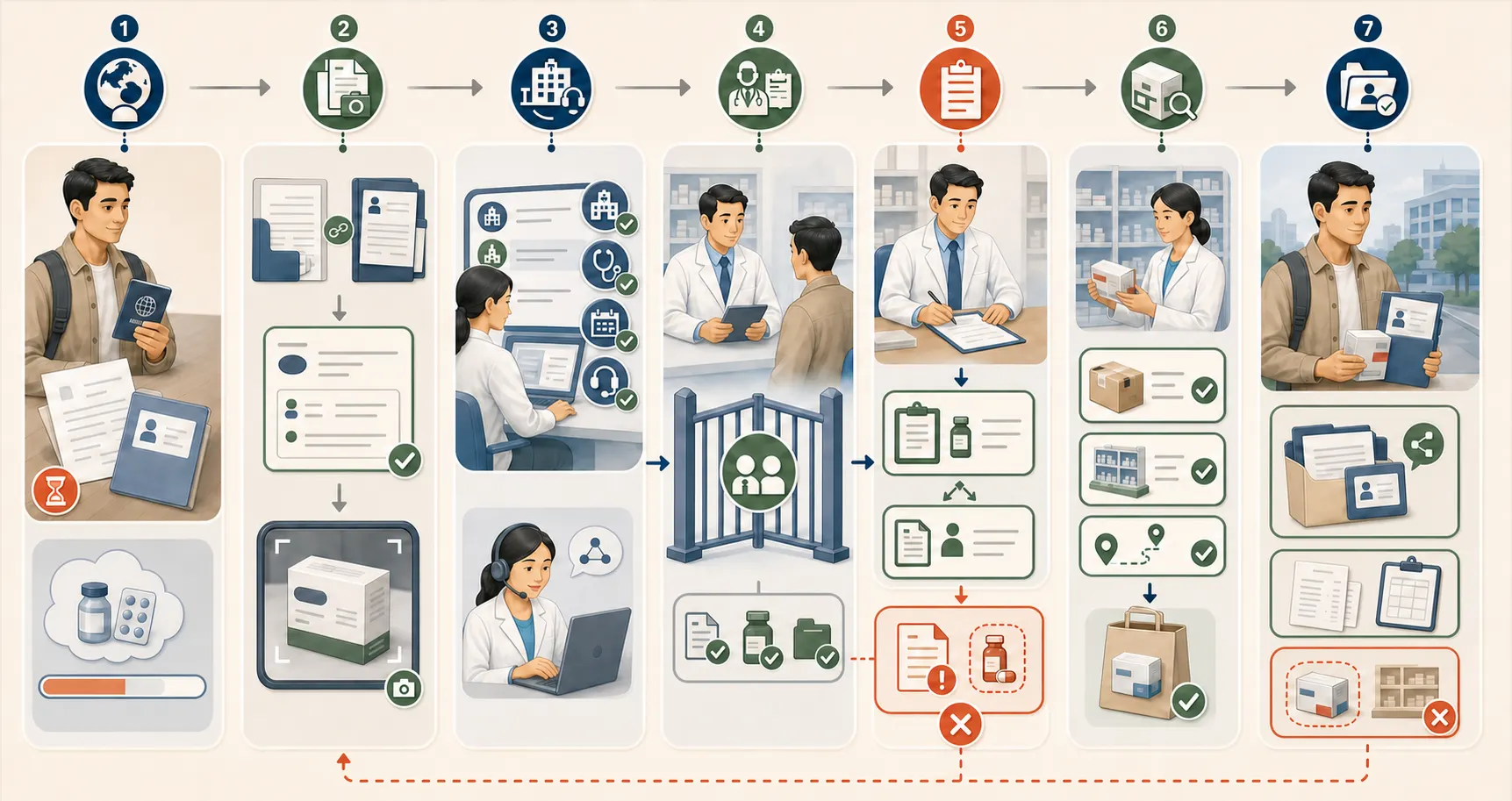 Editorial workflow showing an international resident preserving an overseas prescription and medicine package, arranging a China provider and translation route, completing a local clinical assessment, receiving a local prescription decision, using a pharmacist dispensing route, and preserving continuity records or returning a mismatch.