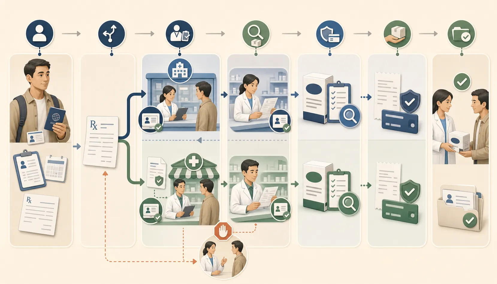 Editorial workflow showing an international patient separating hospital-only and external prescriptions, branching to hospital and retail pharmacists, checking exact medicine stock and payment, then completing or returning the handoff.