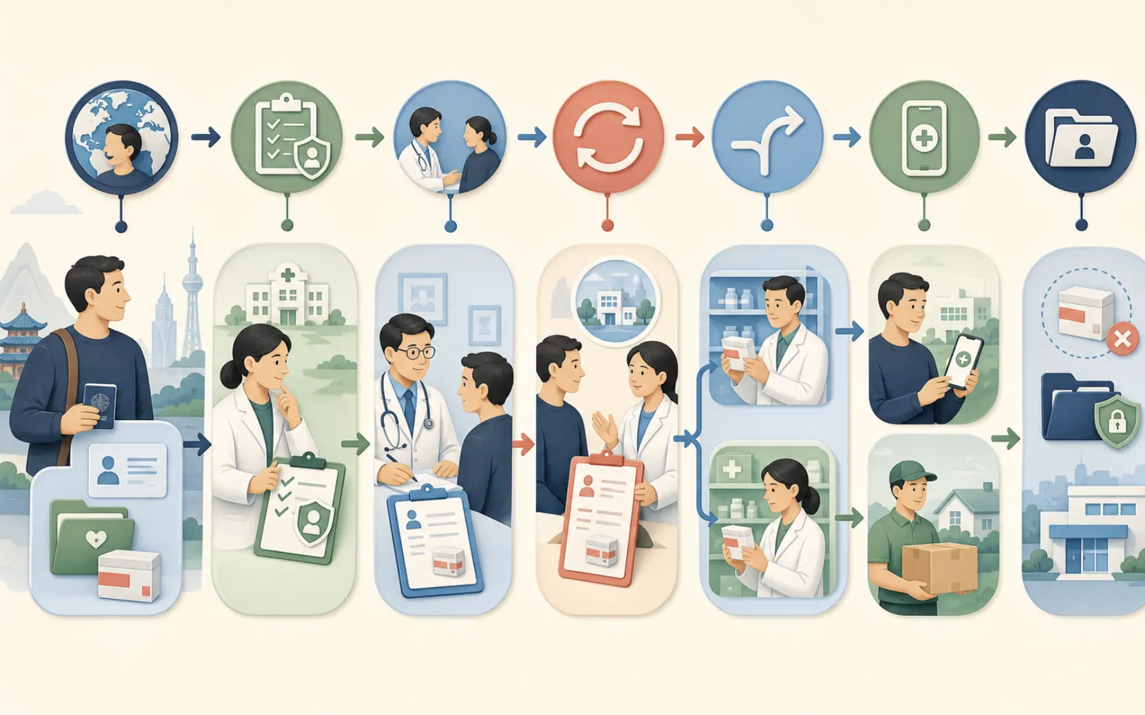 Editorial workflow showing a chronic-care patient matching identity, records and a medicine package, eligibility review, first and repeat assessments, hospital and retail-pharmacy dispensing, online follow-up and delivery, and a shortage or move record handoff.