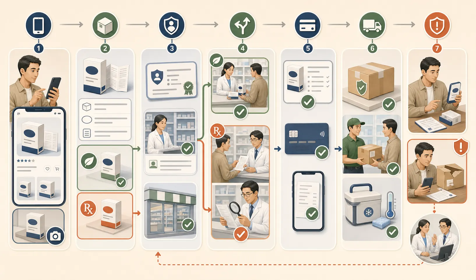 Editorial workflow showing an international resident checking an online medicine listing and exact package, verifying the legal seller, following OTC or licensed-pharmacist prescription review routes, preserving payment proof, checking traceable and temperature-managed delivery, and returning a damaged or mismatched order.