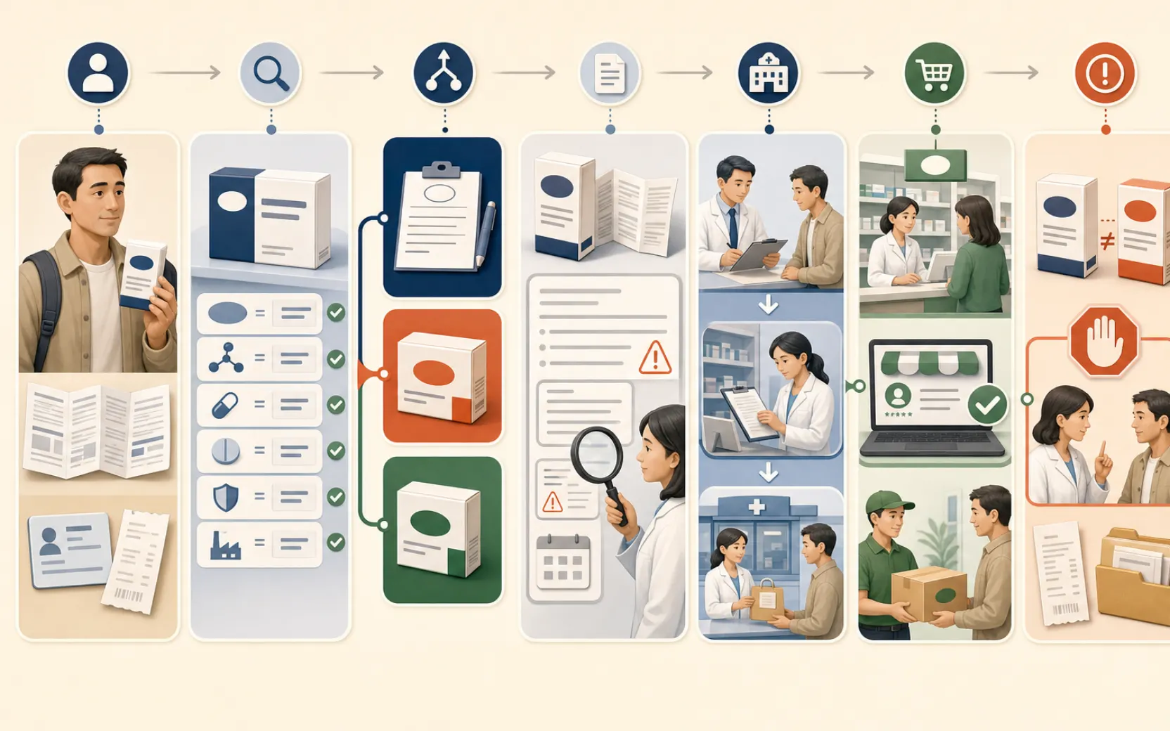 Editorial workflow showing an international resident matching a medicine package, separating prescription and two OTC classifications, checking the Chinese label, using pharmacist and hospital routes, verifying an online seller, and handing off a mismatch.