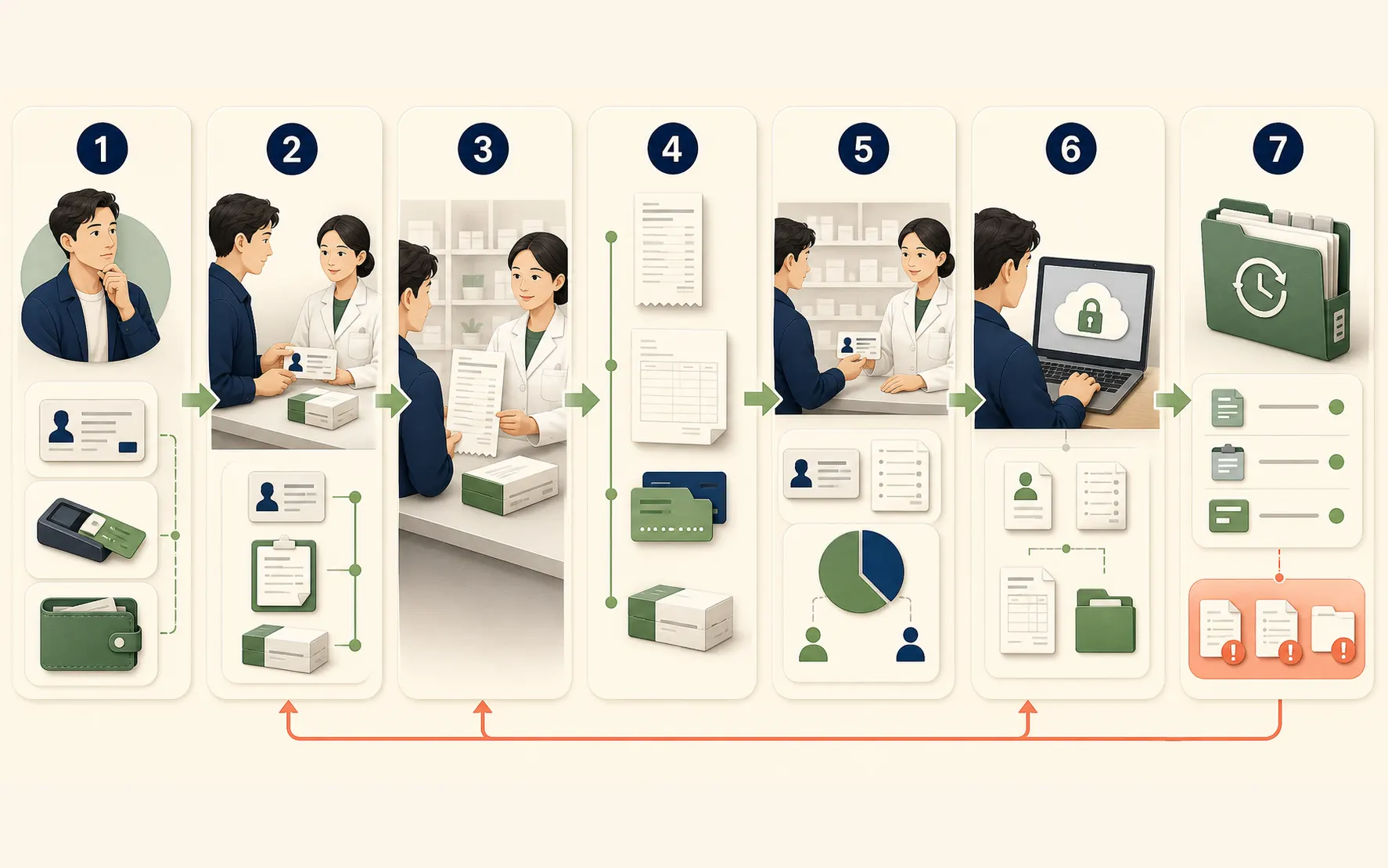 Editorial workflow showing an insured international resident choosing a pharmacy payment route, matching identity, prescription and medicine, collecting sales proof, separating invoice and payment records, reconciling basic-insurance settlement, submitting a commercial claim and preserving or correcting the final record.