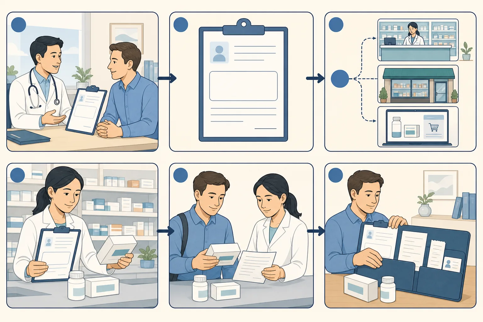 Editorial workflow showing a consultation, prescription record, pharmacy-route choice, pharmacist review, medicine handover and retained records.
