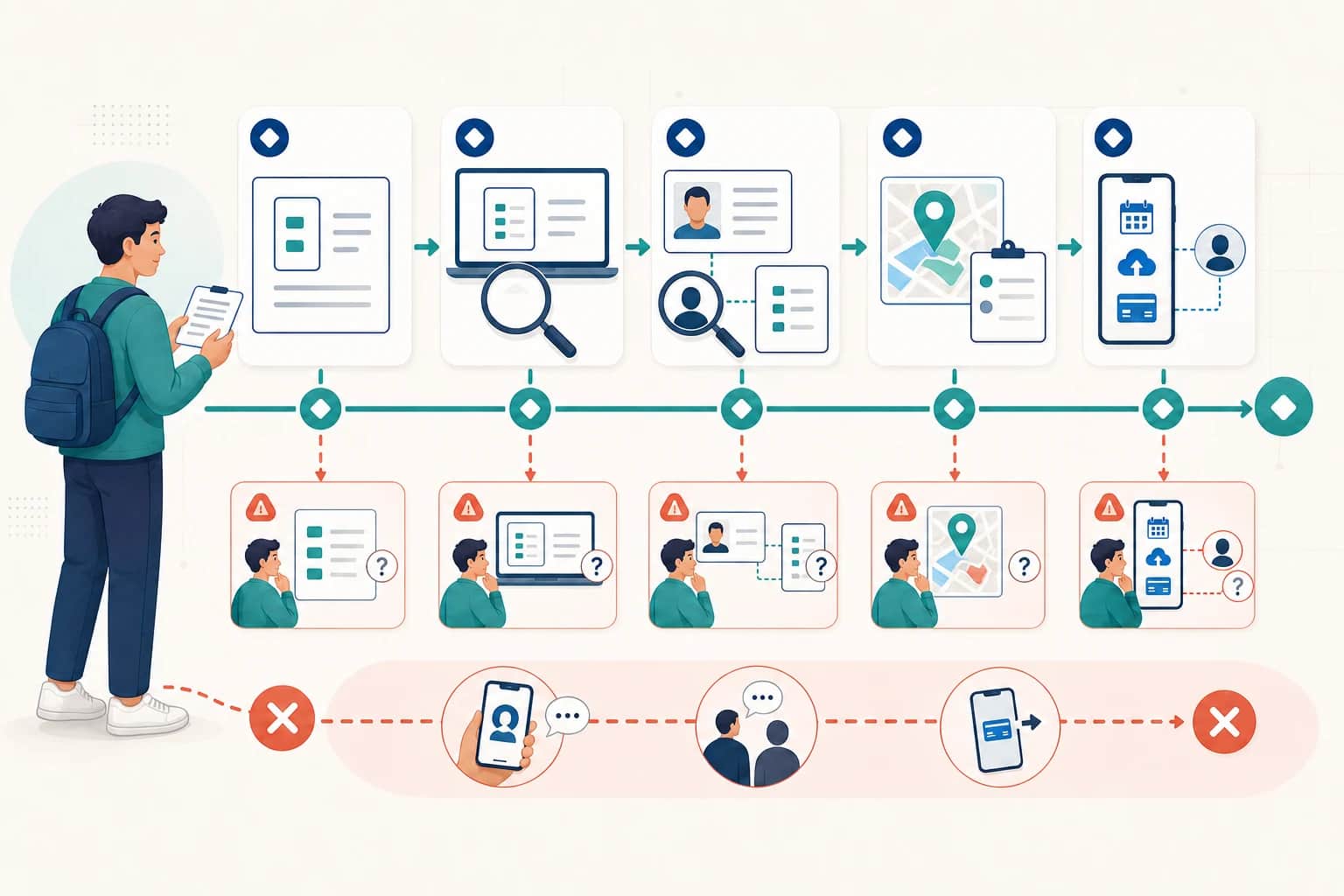 Editorial verification route showing a patient matching a provider's legal identity, official institution record, clinician registration, exact campus and official booking or payment channel, with mismatches branching to a pause-and-confirm path.