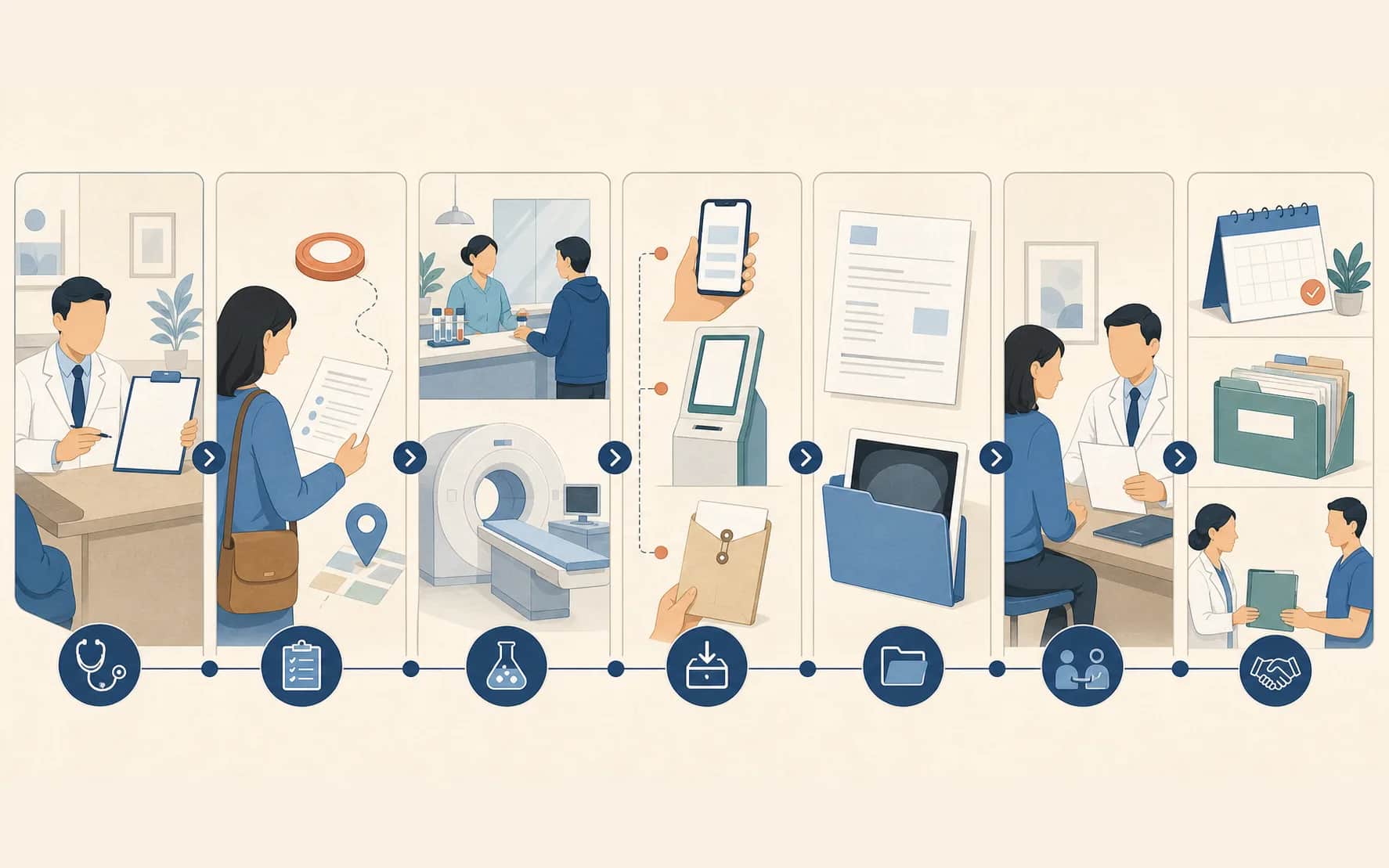 Editorial workflow showing a test order, provider instructions, laboratory and imaging services, result-access routes, separate report files, clinician review and follow-up records.