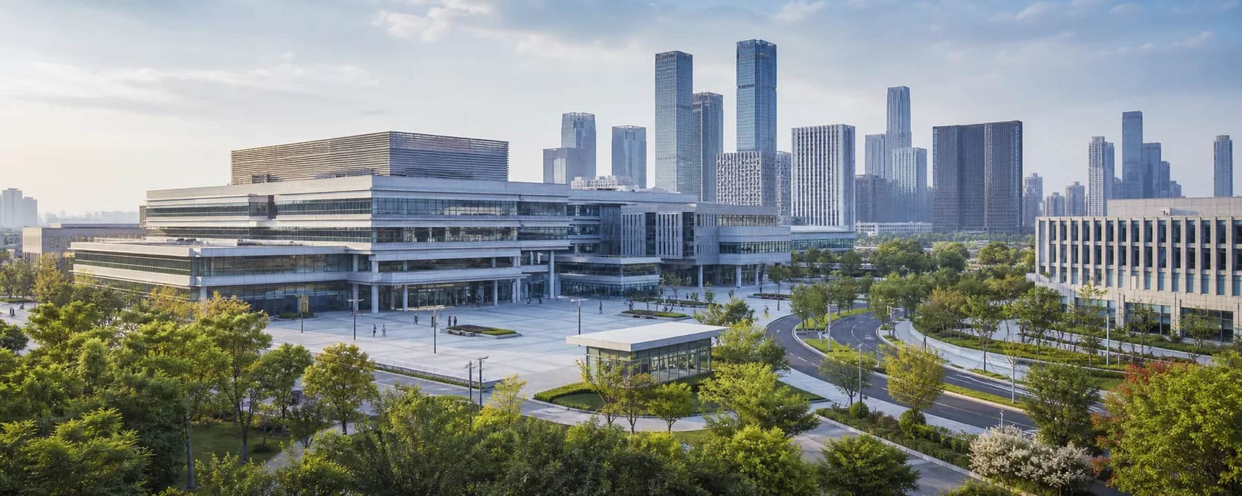 Editorial illustration of a modern healthcare campus in a Chinese city.
